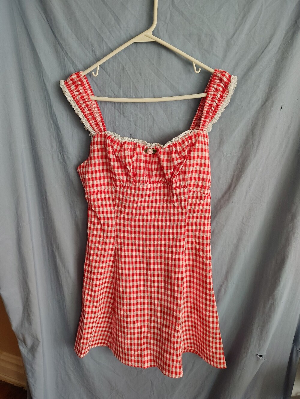 IRIS Dress Juniors L Red White Gingham Above Knee Cottagecore NWT